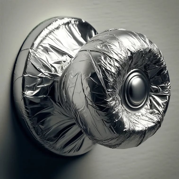 DALL·E 2024-06-11 11.09.25 - A close-up image of a door knob wrapped meticulously in shiny aluminum foil. The texture of the foil should show creases and reflections, highlighting