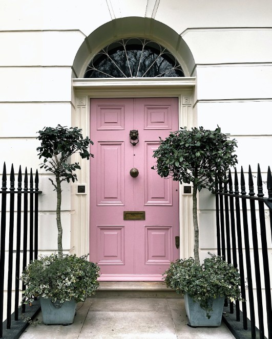 External pink door with centre knocker and bushes